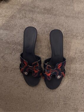Hermes Blue Slide Sandals with Red Snake Print broken from one side but fixable